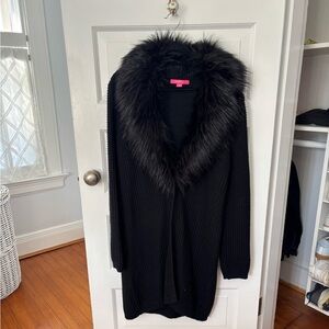 Lilly Pulitzer Black Faux Fur Trim Open Cardigan Sweater Women’s XL
